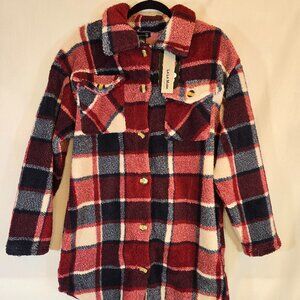 Burgundy Plaid Long Fleece Jacket
